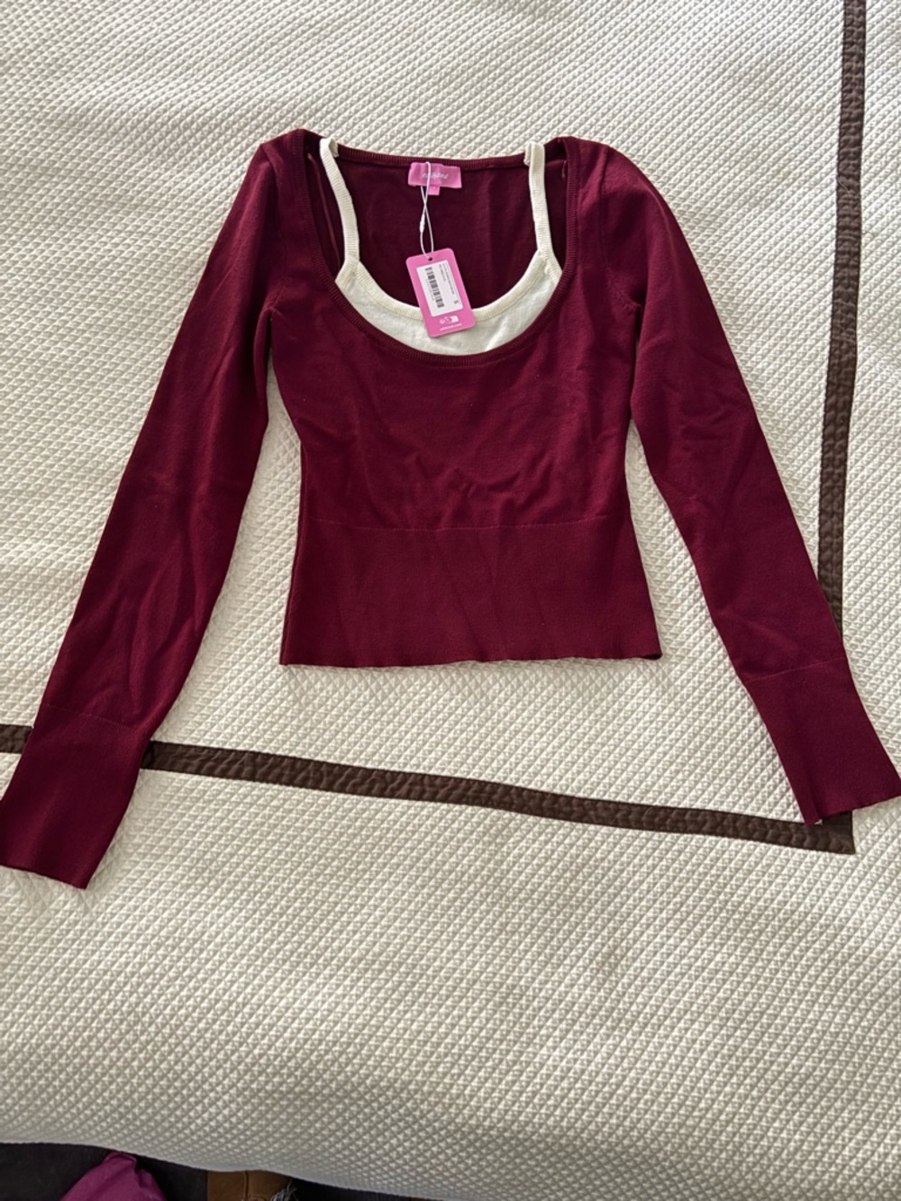 Edikted Burgundy Long Sleeve Scoop Neck Top with Cream Trim